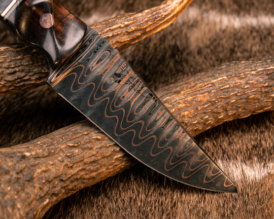 Red Crow- Baker Forge CopperMai Ladder Pattern Damascus- Hawaiian Curly Koa, Black G10, Grey G10 and Copper Pin Striping, Dyed Box Elder Split, Copper Pins, Copper Lanyard Pin, Textured Grip