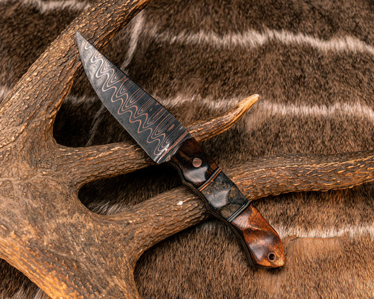 Red Crow- Baker Forge CopperMai Ladder Pattern Damascus- Hawaiian Curly Koa, Black G10, Grey G10 and Copper Pin Striping, Dyed Box Elder Split, Copper Pins, Copper Lanyard Pin, Textured Grip