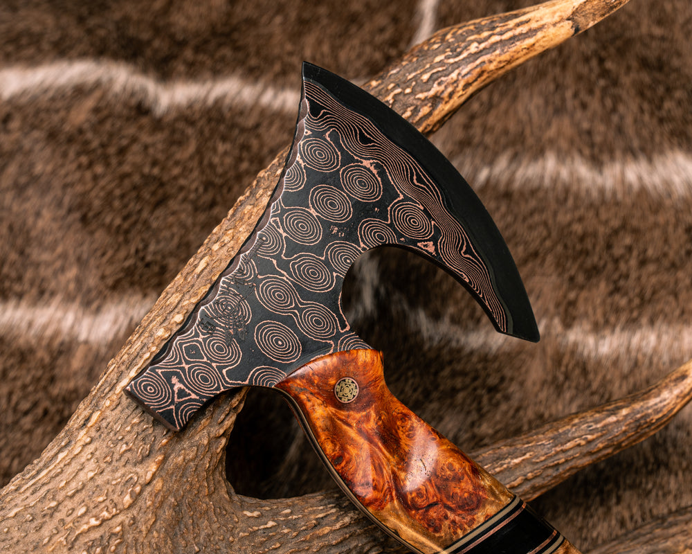 Mini Viking Hawk- Baker Forge Raindrop CopperMai Damascus- Lion's Blood Amboyna, Black G10, Coyote G10 and Copper Pin Striping, Bison Horn Split, Mosaic Pins, Textured Grip
