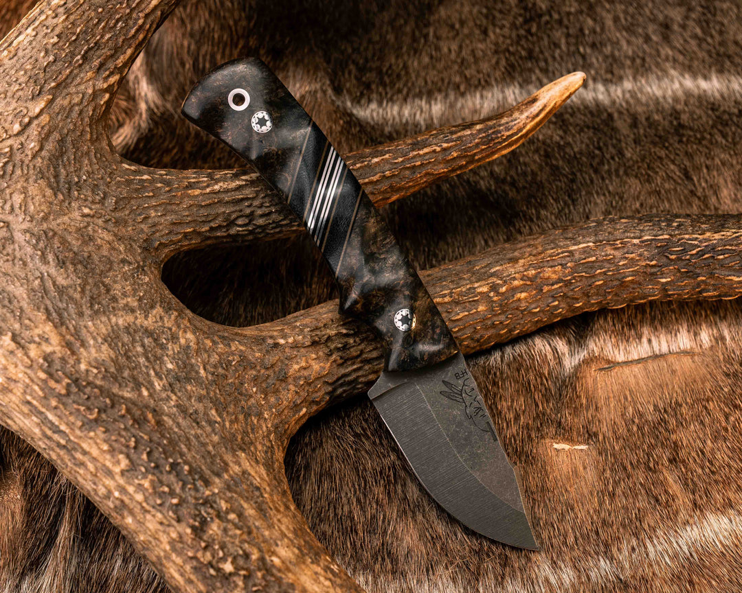 Beef Harpoon - Dyed Black Ash Burl, Black G10, Coyote G10 and Aluminum Pin Striping, Black Canvas Mciarta Split, Mosaic Pins, Aluminum Lanyard Pin, Textured Grip