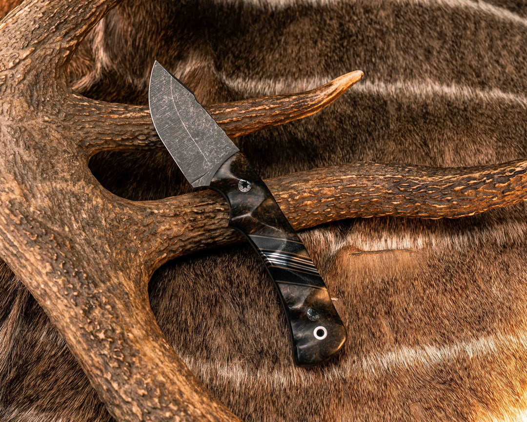 Beef Harpoon - Dyed Black Ash Burl, Black G10, Coyote G10 and Aluminum Pin Striping, Black Canvas Mciarta Split, Mosaic Pins, Aluminum Lanyard Pin, Textured Grip