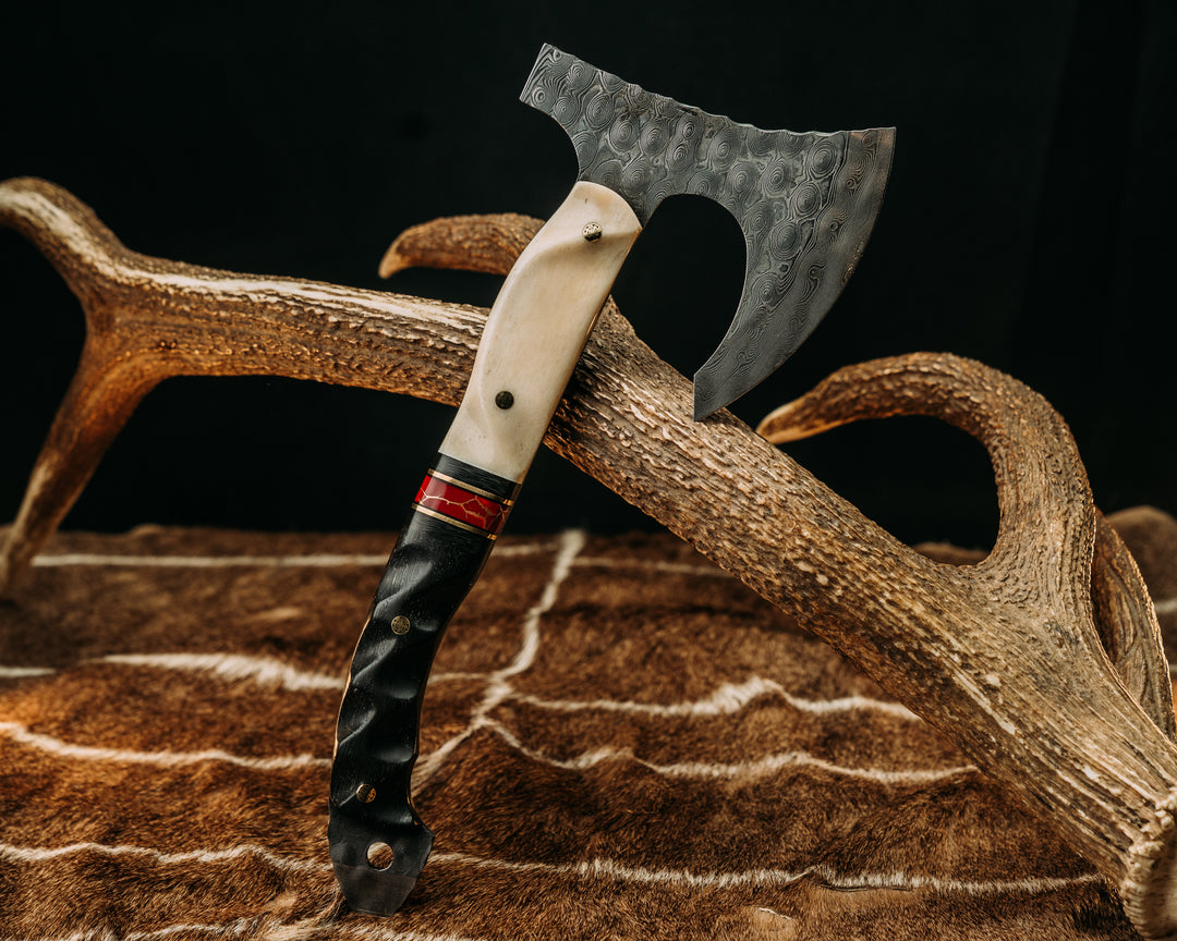Viking Operator Hawk- Baker Forge Raindrop Damascus- Giraffe Bone, Black G10 and Brass Pin Striping, Carbon Fiber and Red with Gold Web Tru-stone Split, Ancient Bog Oak, Brass Mosaic Pins, Textured Grip