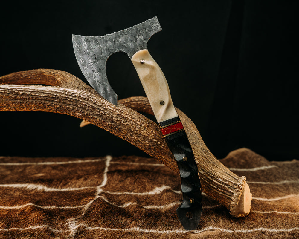 Viking Operator Hawk- Baker Forge Raindrop Damascus- Giraffe Bone, Black G10 and Brass Pin Striping, Carbon Fiber and Red with Gold Web Tru-stone Split, Ancient Bog Oak, Brass Mosaic Pins, Textured Grip