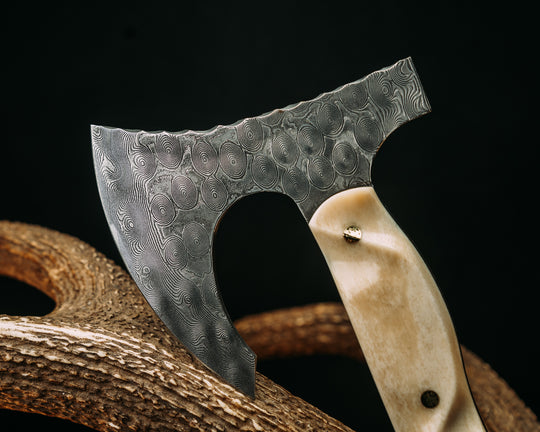 Viking Operator Hawk- Baker Forge Raindrop Damascus- Giraffe Bone, Black G10 and Brass Pin Striping, Carbon Fiber and Red with Gold Web Tru-stone Split, Ancient Bog Oak, Brass Mosaic Pins, Textured Grip