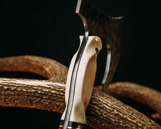 Viking Operator Hawk- Baker Forge Raindrop Damascus- Giraffe Bone, Black G10 and Brass Pin Striping, Carbon Fiber and Red with Gold Web Tru-stone Split, Ancient Bog Oak, Brass Mosaic Pins, Textured Grip