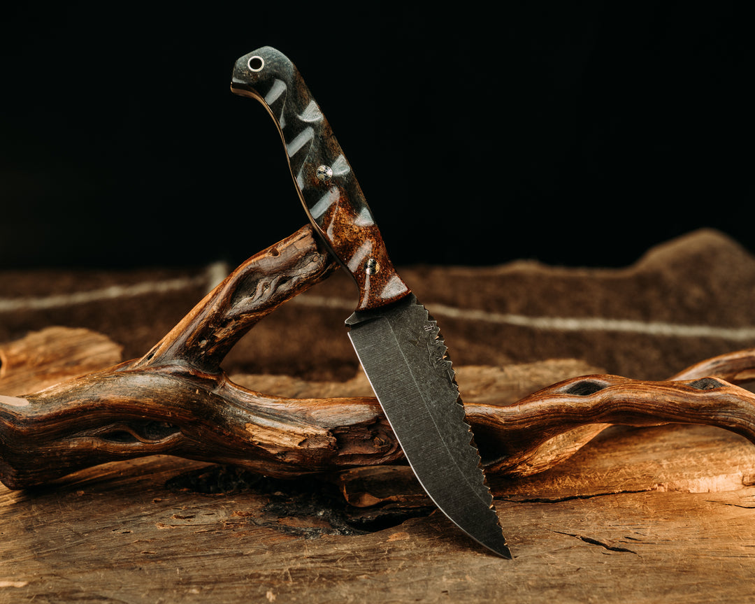 Crow Pre-Jay- Dinosaur Bone, Old School Rock Worked Spine, Mosaic Pins, Brass Lanyard Pin, Textured Grip