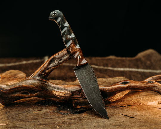 Crow Pre-Jay- Dinosaur Bone, Old School Rock Worked Spine, Mosaic Pins, Brass Lanyard Pin, Textured Grip
