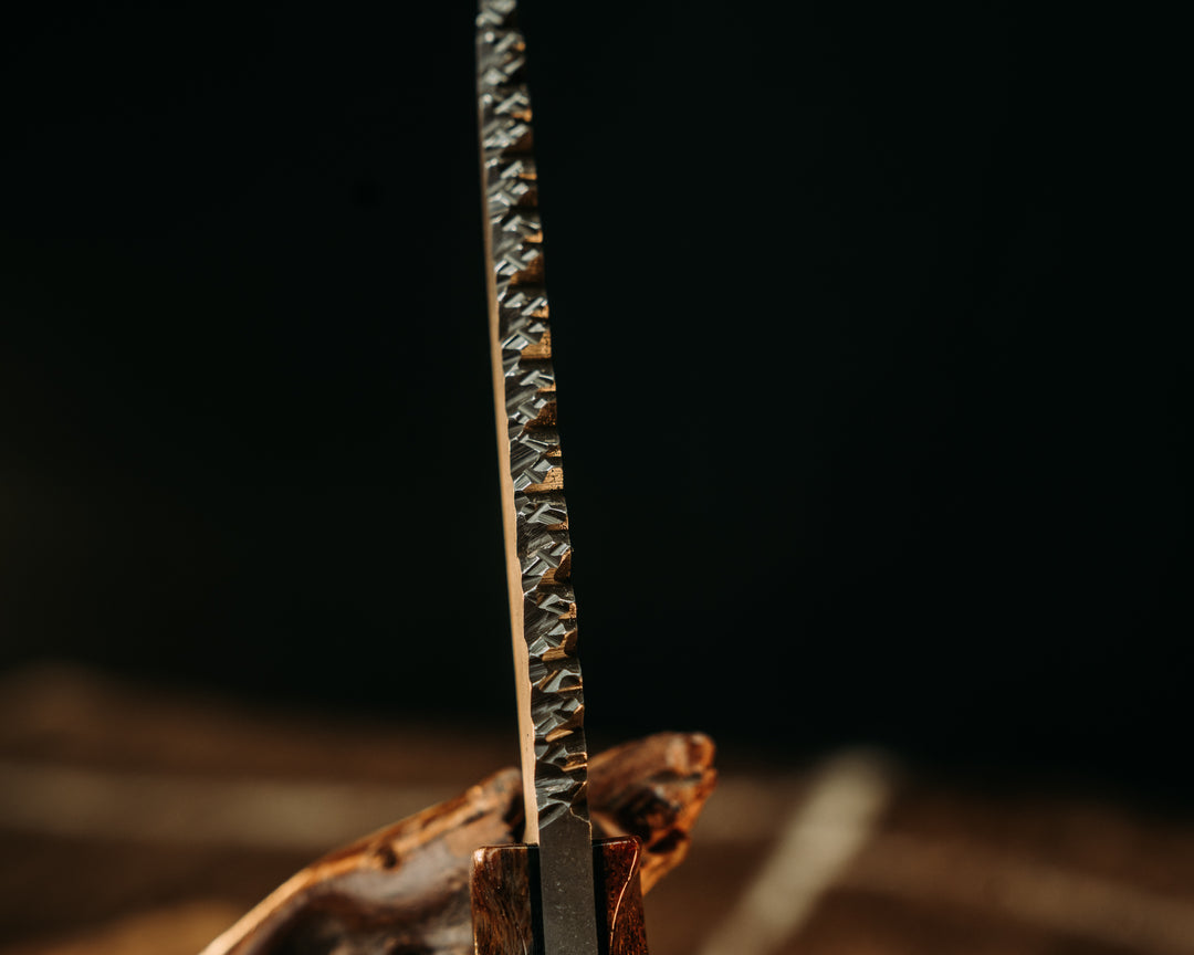 Crow Pre-Jay- Dinosaur Bone, Old School Rock Worked Spine, Mosaic Pins, Brass Lanyard Pin, Textured Grip