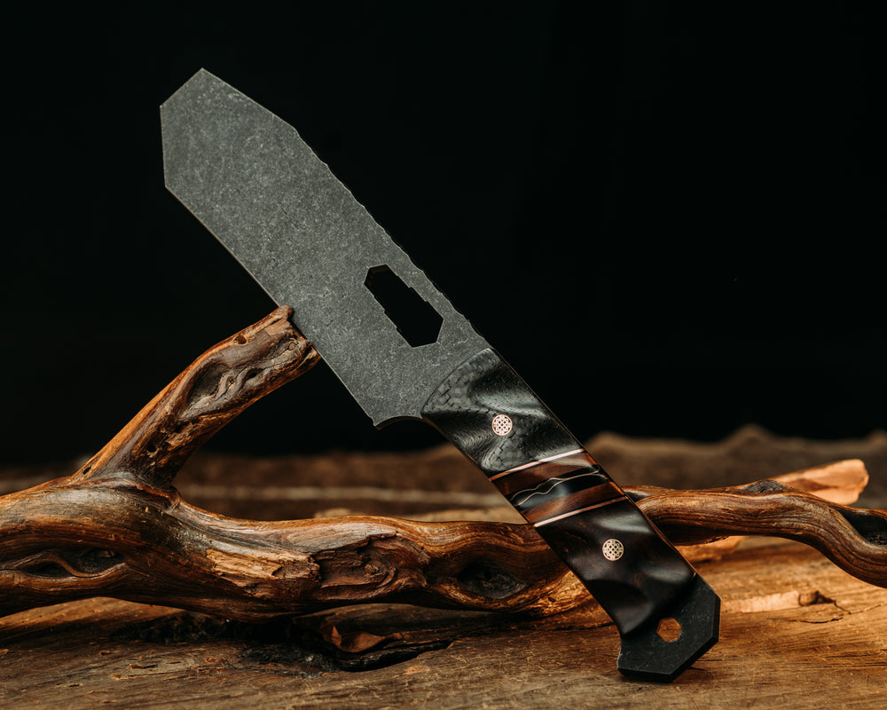 Breacher Bar Multi-Tool Prybar- Black Carbon Fiber, Black G10 and Copper Pin Striping, Desert Ironwood and Raffir Curly Bronze Composite Split, Desert Ironwood, Mosaic Pins, Textured Grip