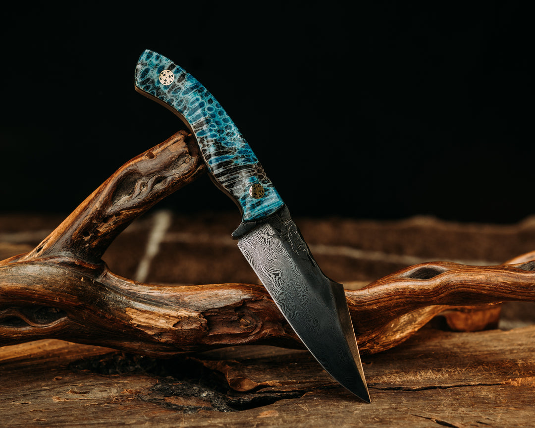 Widow Maker Jr- Baker Forge Rain Drop Pattern Damascus- Dyed Coral, Mosaic Pins, Textured Grip