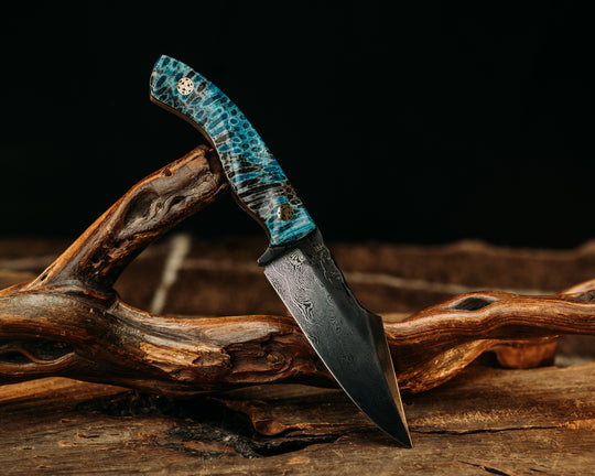 Widow Maker Jr- Baker Forge Rain Drop Pattern Damascus- Dyed Coral, Mosaic Pins, Textured Grip
