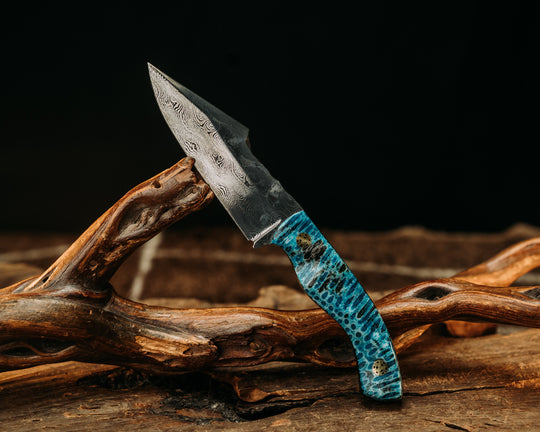 Widow Maker Jr- Baker Forge Rain Drop Pattern Damascus- Dyed Coral, Mosaic Pins, Textured Grip