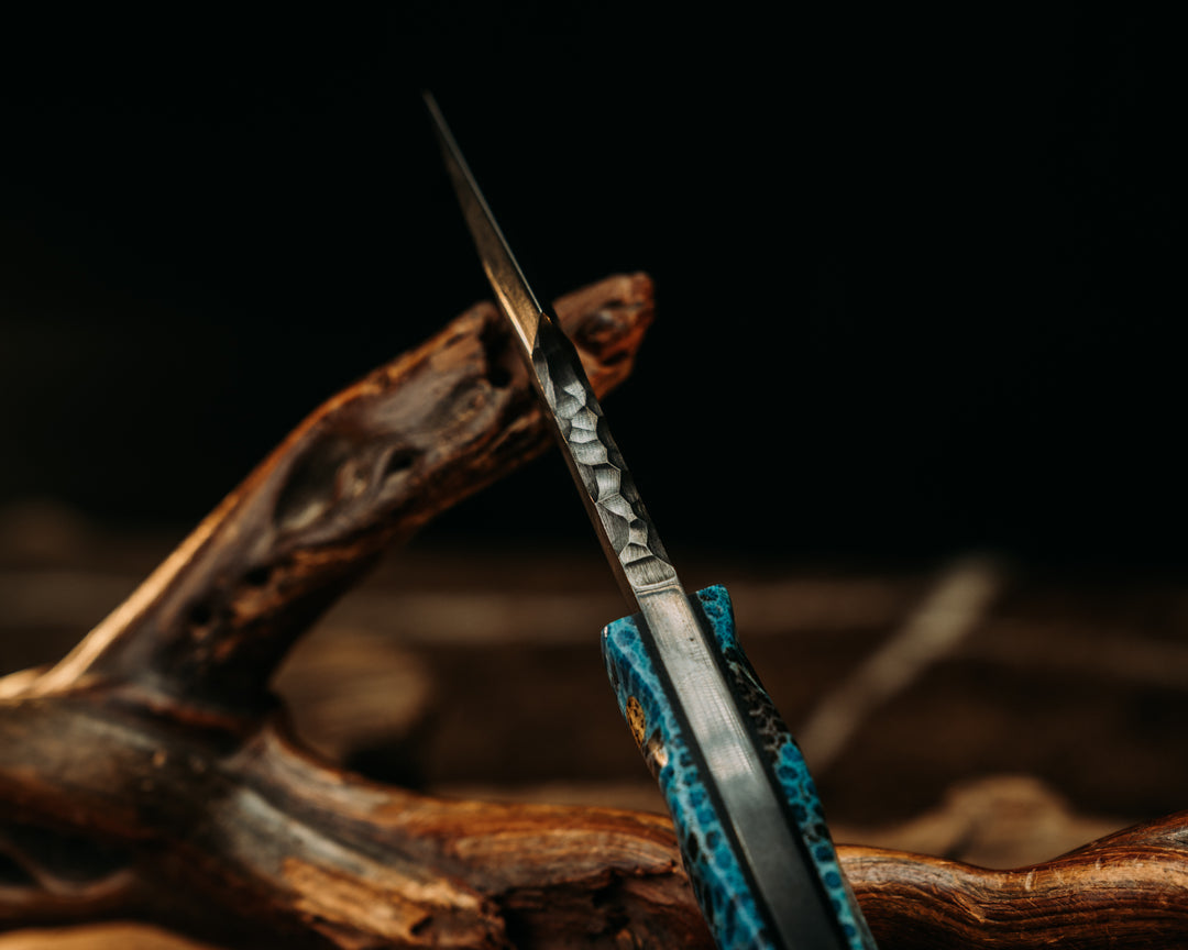 Widow Maker Jr- Baker Forge Rain Drop Pattern Damascus- Dyed Coral, Mosaic Pins, Textured Grip