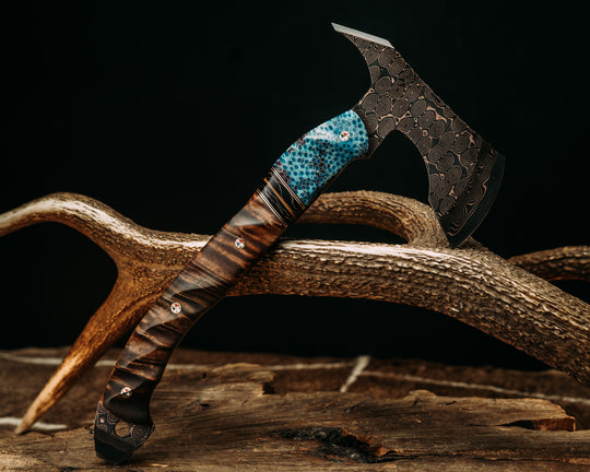 Recce Alpha Hawk- Baker Forge Raindrop CopperMai- Dyed Coral, Black G10, Copper and Brass Pin Striping, Raffir Curly Bronze Composite Split, Hawaiian Curly Koa, Patriot Mosaic Pins, Textured Grip
