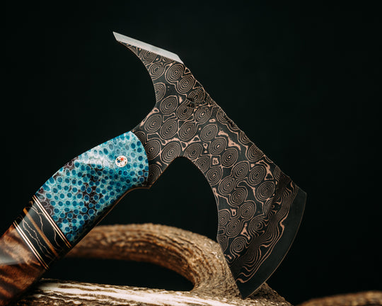 Recce Alpha Hawk- Baker Forge Raindrop CopperMai- Dyed Coral, Black G10, Copper and Brass Pin Striping, Raffir Curly Bronze Composite Split, Hawaiian Curly Koa, Patriot Mosaic Pins, Textured Grip