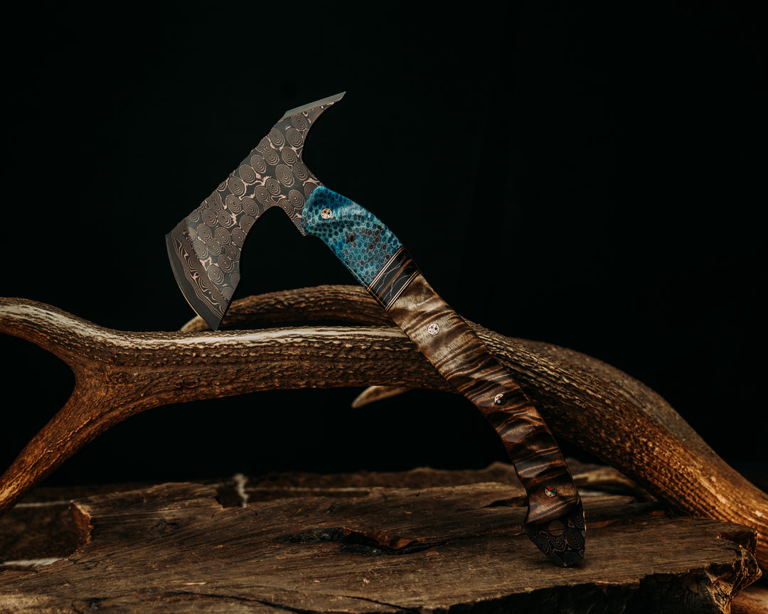 Recce Alpha Hawk- Baker Forge Raindrop CopperMai- Dyed Coral, Black G10, Copper and Brass Pin Striping, Raffir Curly Bronze Composite Split, Hawaiian Curly Koa, Patriot Mosaic Pins, Textured Grip