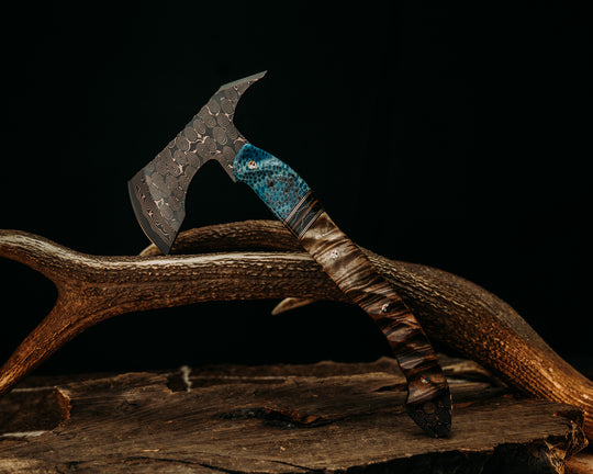 Recce Alpha Hawk- Baker Forge Raindrop CopperMai- Dyed Coral, Black G10, Copper and Brass Pin Striping, Raffir Curly Bronze Composite Split, Hawaiian Curly Koa, Patriot Mosaic Pins, Textured Grip