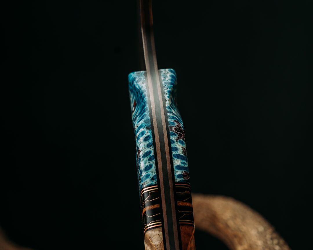 Recce Alpha Hawk- Baker Forge Raindrop CopperMai- Dyed Coral, Black G10, Copper and Brass Pin Striping, Raffir Curly Bronze Composite Split, Hawaiian Curly Koa, Patriot Mosaic Pins, Textured Grip