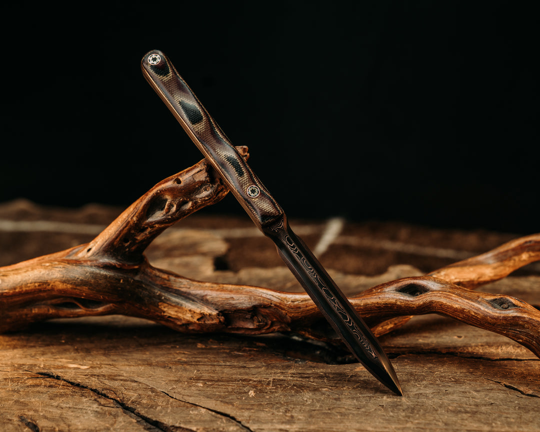 OSS Spike- Baker Forge Raindrop Pattern CopperMai- Python Canvas Micarta, Mosaic Pins, Textured Grip