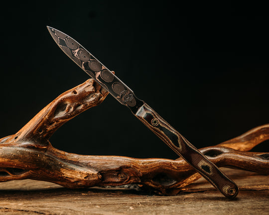 OSS Spike- Baker Forge Raindrop Pattern CopperMai- Python Canvas Micarta, Mosaic Pins, Textured Grip