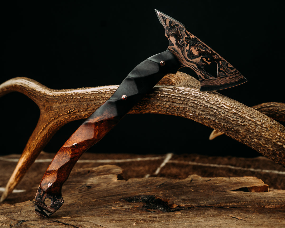 Bleeding Heart Hawk- Baker Forge Random Pattern CopperMai Deep Polish Etch- Desert Ironwood, Copper Patriot Mosaic Pins, Textured Grip