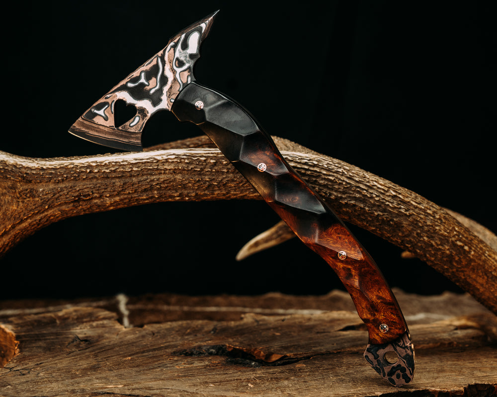 Bleeding Heart Hawk- Baker Forge Random Pattern CopperMai Deep Polish Etch- Desert Ironwood, Copper Patriot Mosaic Pins, Textured Grip