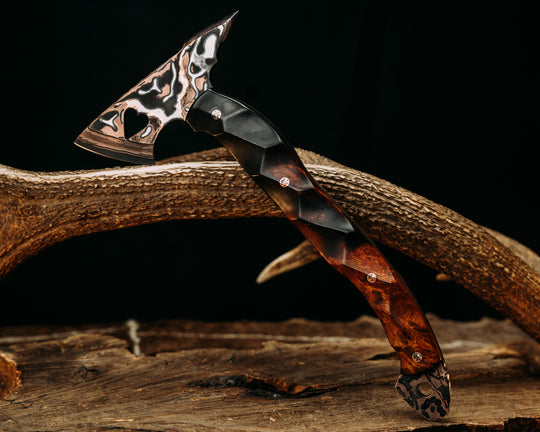 Bleeding Heart Hawk- Baker Forge Random Pattern CopperMai Deep Polish Etch- Desert Ironwood, Copper Patriot Mosaic Pins, Textured Grip
