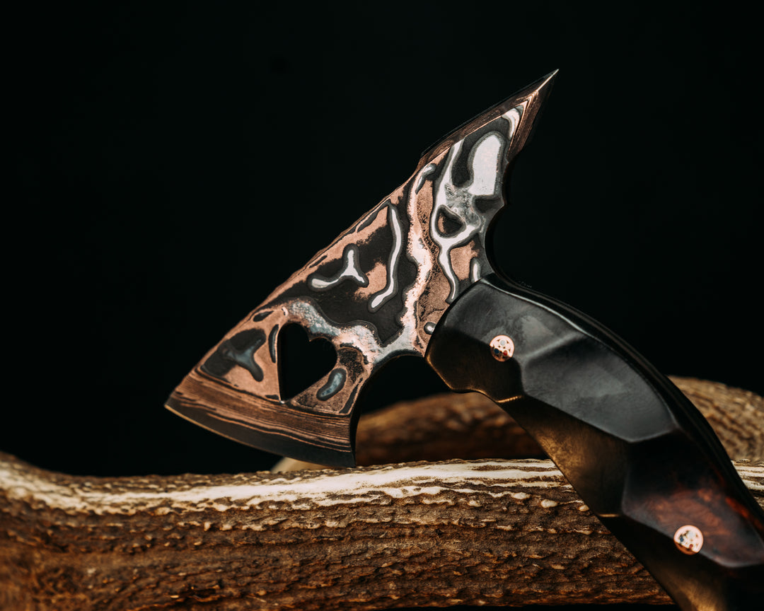 Bleeding Heart Hawk- Baker Forge Random Pattern CopperMai Deep Polish Etch- Desert Ironwood, Copper Patriot Mosaic Pins, Textured Grip