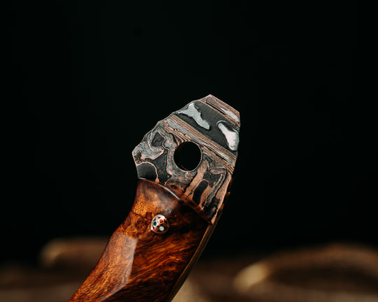 Bleeding Heart Hawk- Baker Forge Random Pattern CopperMai Deep Polish Etch- Desert Ironwood, Copper Patriot Mosaic Pins, Textured Grip