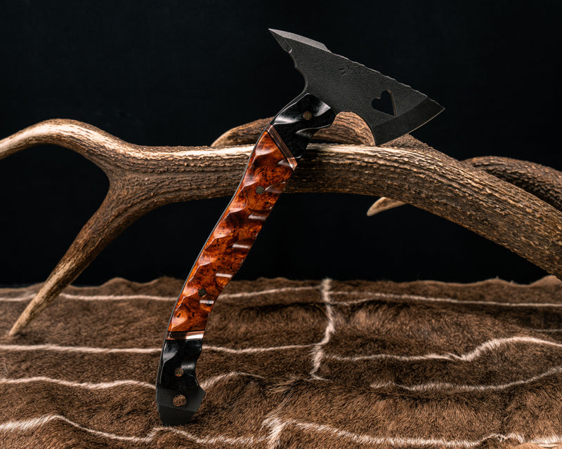 Bleeding Heart Hawk- Black Dark Matter Carbon, Black G10 and Copper Pin Striping, Amboyna Burl Split, Mosaic Pins, Textured Grip