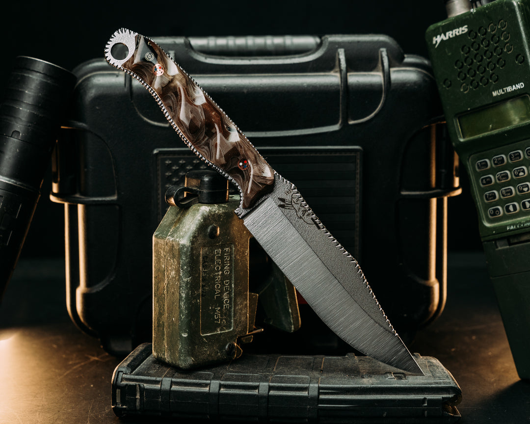Crow Scout- Loose Layered Navy S.E.A.L AOR1 Camo Micarta, Textured Flats Polished Blade, Old School Rock Worked Spine, Copper Patriot Mosaic Pins, Textured Grip
