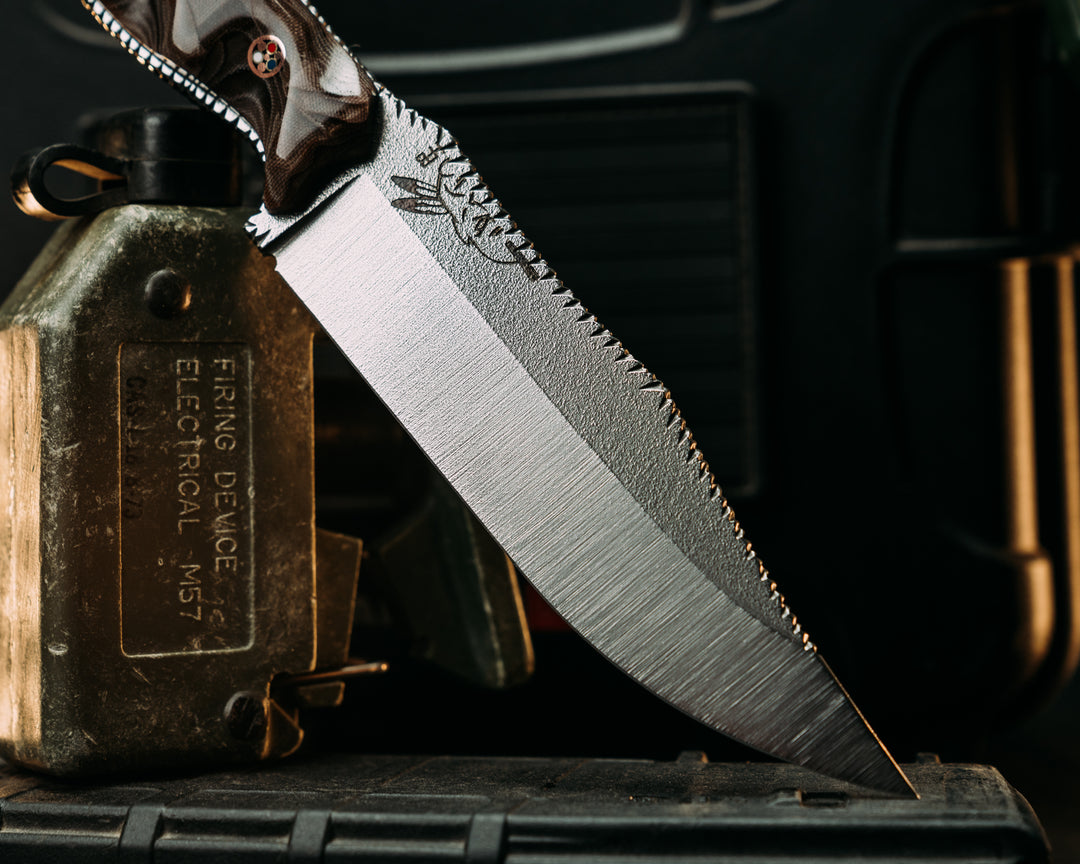 Crow Scout- Loose Layered Navy S.E.A.L AOR1 Camo Micarta, Textured Flats Polished Blade, Old School Rock Worked Spine, Copper Patriot Mosaic Pins, Textured Grip