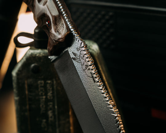 Crow Scout- Loose Layered Navy S.E.A.L AOR1 Camo Micarta, Textured Flats Polished Blade, Old School Rock Worked Spine, Copper Patriot Mosaic Pins, Textured Grip