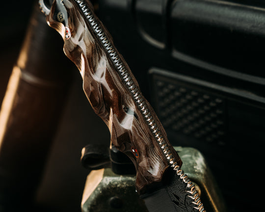 Crow Scout- Loose Layered Navy S.E.A.L AOR1 Camo Micarta, Textured Flats Polished Blade, Old School Rock Worked Spine, Copper Patriot Mosaic Pins, Textured Grip