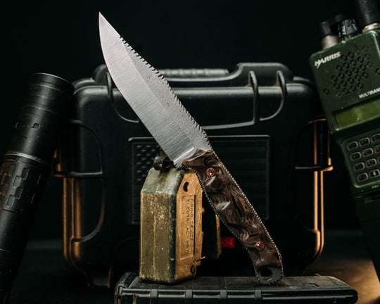 Crow Scout- Loose Layered Navy S.E.A.L AOR1 Camo Micarta, Textured Flats Polished Blade, Old School Rock Worked Spine, Copper Patriot Mosaic Pins, Textured Grip