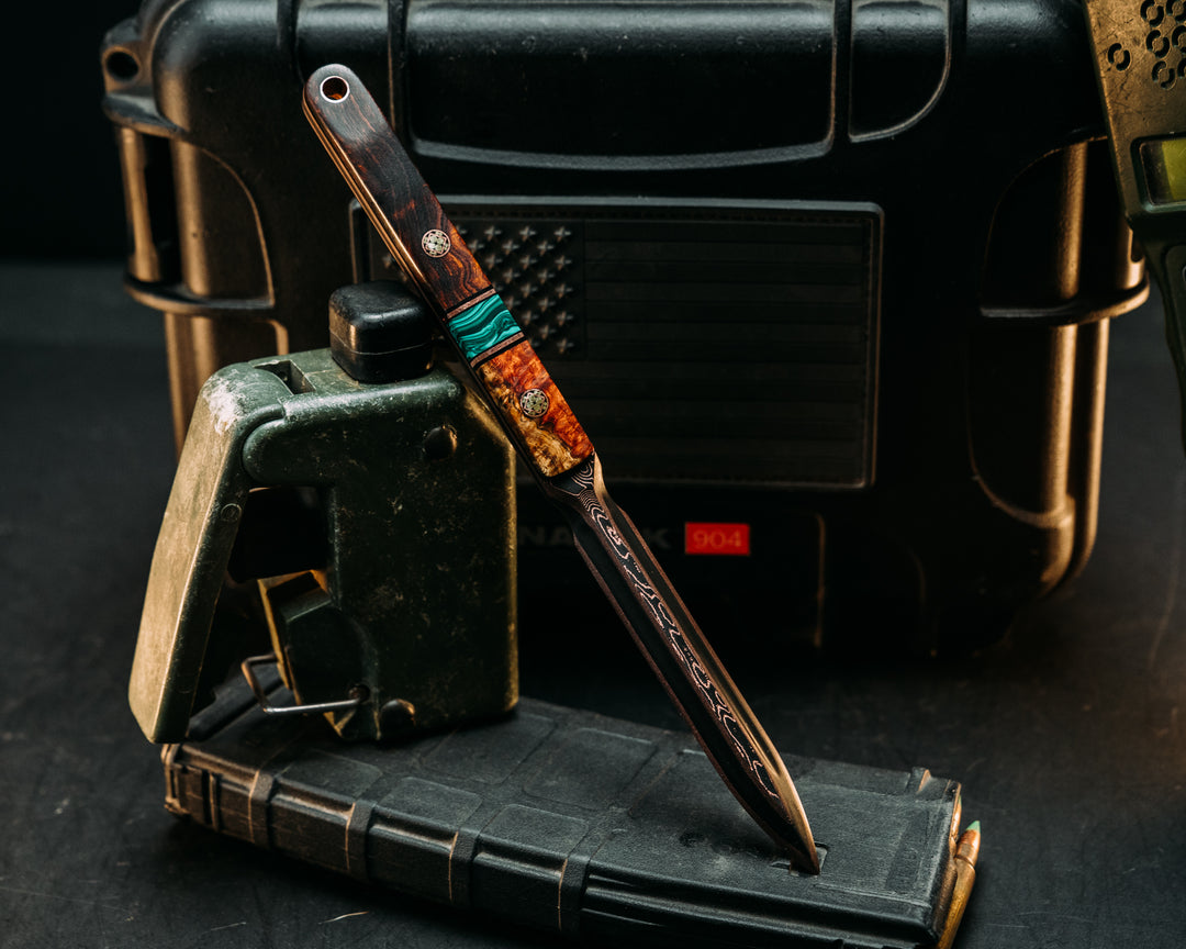 OSS Spike- Baker Forge Raindrop CopperMai- Lion's Blood Amboyna, Black G10 and Copper Pin Striping, xxx Split, Desert Ironwood, Smooth Grip