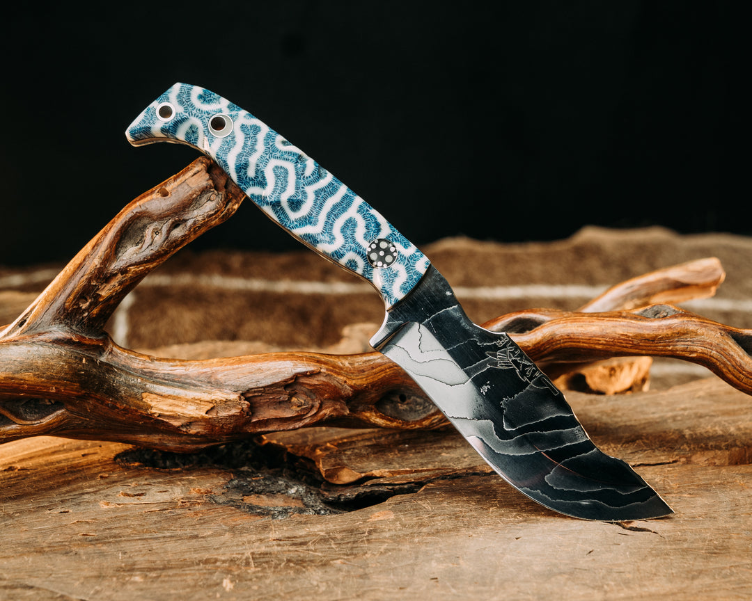 OG Skinner- Baker Forge Polished Damascus- Brain Coral, Glow Pins, Textured Grip