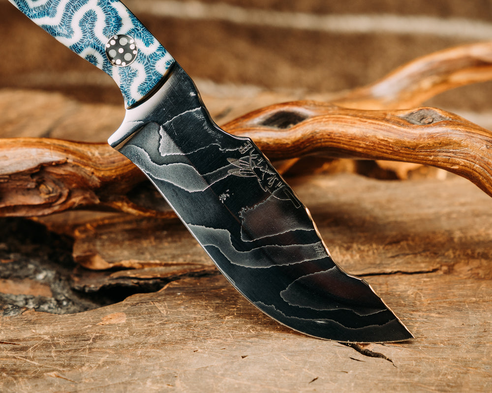 OG Skinner- Baker Forge Polished Damascus- Brain Coral, Glow Pins, Textured Grip