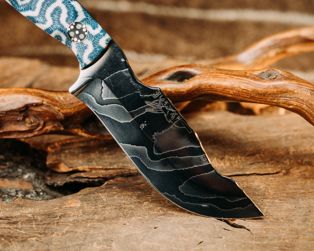 OG Skinner- Baker Forge Polished Damascus- Brain Coral, Glow Pins, Textured Grip