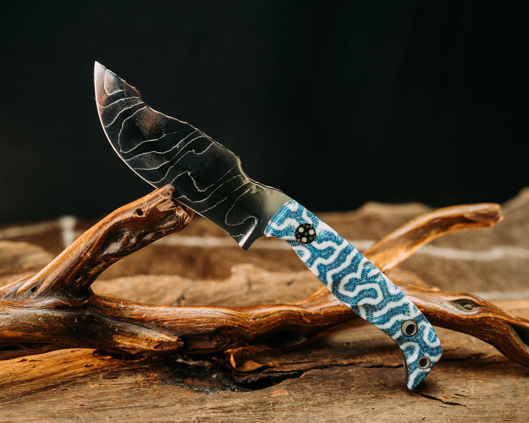 OG Skinner- Baker Forge Polished Damascus- Brain Coral, Glow Pins, Textured Grip