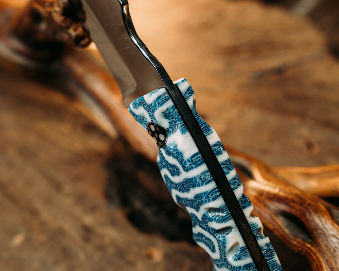 OG Skinner- Baker Forge Polished Damascus- Brain Coral, Glow Pins, Textured Grip