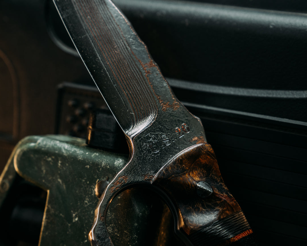 Trench Knife- Baker Forge Random Pattern CopperMai- Dyed Amboyna, Brown Canvas Micarta Pin Striping, Silver Dragon Strike Carbon, Black Burlap Micarta and Black Ash Burl Split, Mosaic Pins, Aluminum Lanyard Pin, Textured Grip
