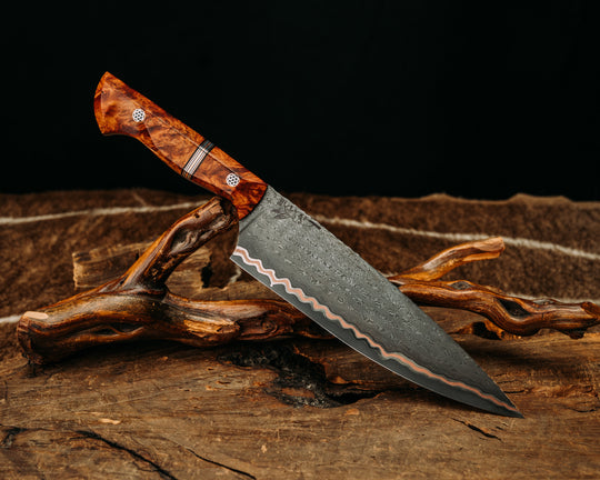 Chef Blade- Gradient GoMai Cushim(Ladder)- Amboyna Burl Burl, Black G10, Copper and Aluminum Split, Mosaic Pins, Textured Grip