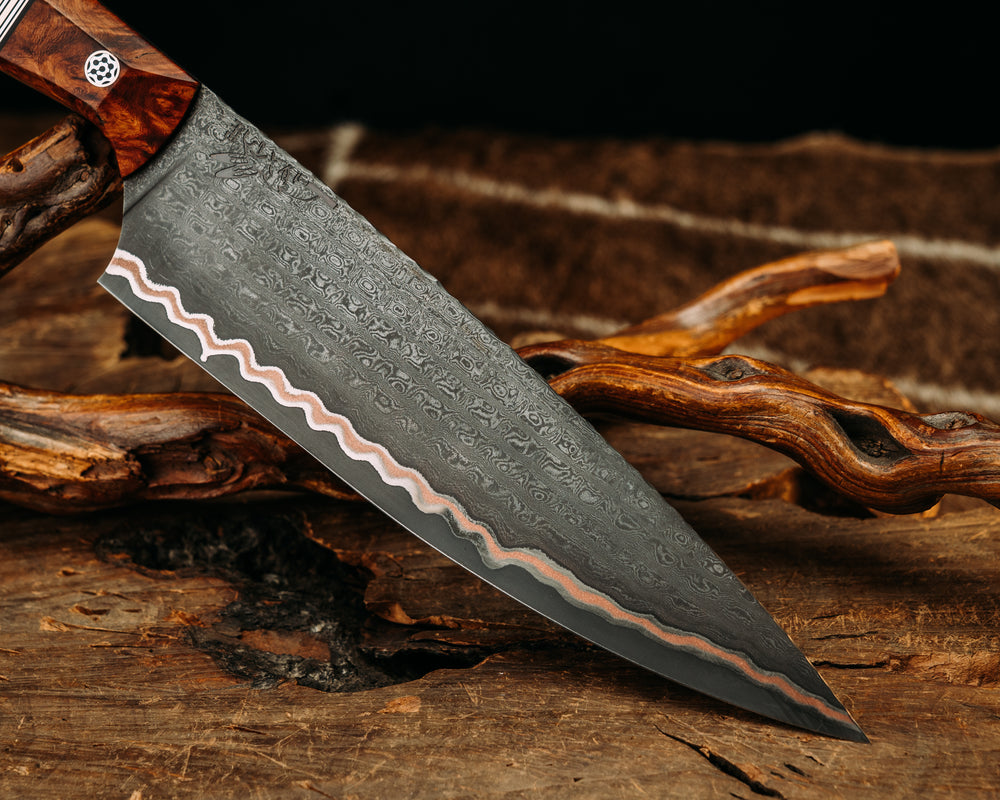 Chef Blade- Gradient GoMai Cushim(Ladder)- Amboyna Burl Burl, Black G10, Copper and Aluminum Split, Mosaic Pins, Textured Grip