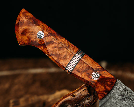 Chef Blade- Gradient GoMai Cushim(Ladder)- Amboyna Burl Burl, Black G10, Copper and Aluminum Split, Mosaic Pins, Textured Grip