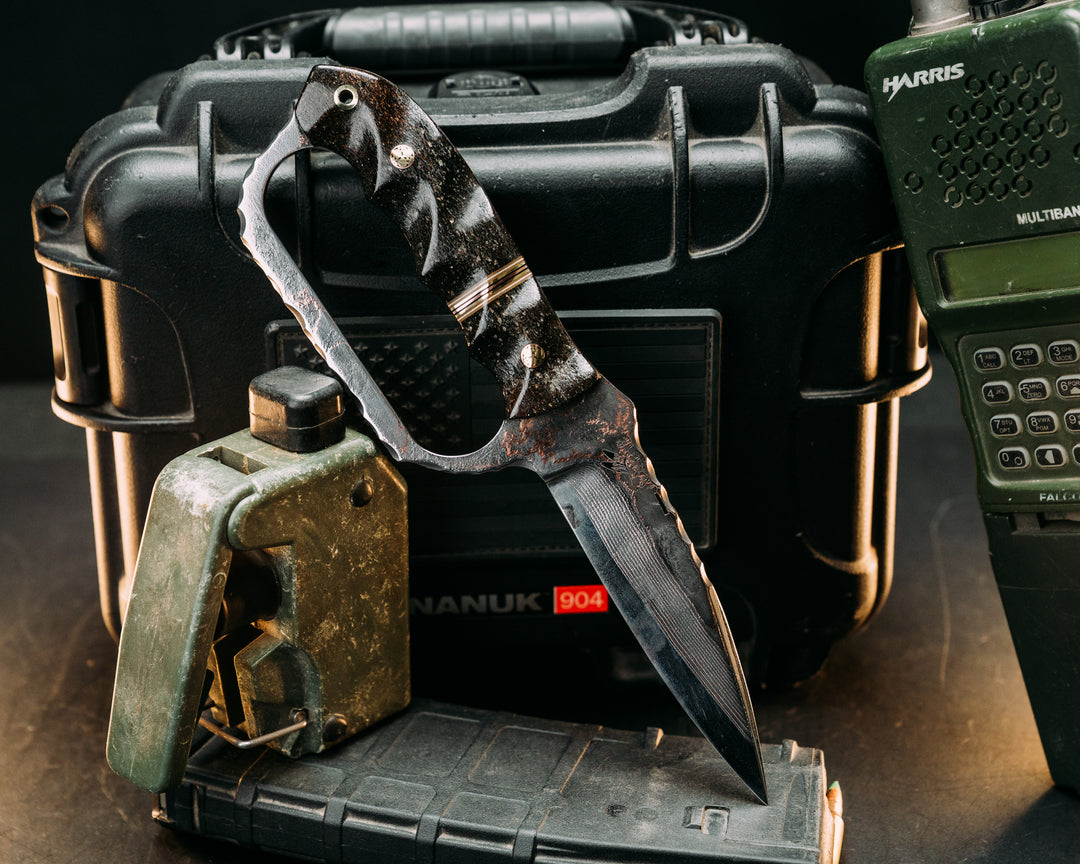 Trench Knife- Baker Forge Random Pattern CopperMai- Mammoth Bone, Coyote G10, White G10, Brass and Copper Split, Mosaic Pins, Brass Lanyard Pin, Textured Grip