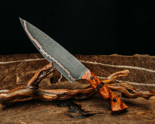 Chef Blade- Gradient GoMai Cushim(Ladder)- Amboyna Burl Burl, Black G10, Copper and Aluminum Split, Mosaic Pins, Textured Grip