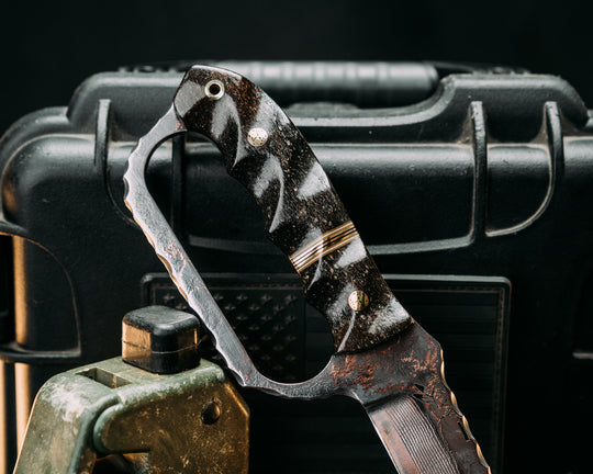 Trench Knife- Baker Forge Random Pattern CopperMai- Mammoth Bone, Coyote G10, White G10, Brass and Copper Split, Mosaic Pins, Brass Lanyard Pin, Textured Grip