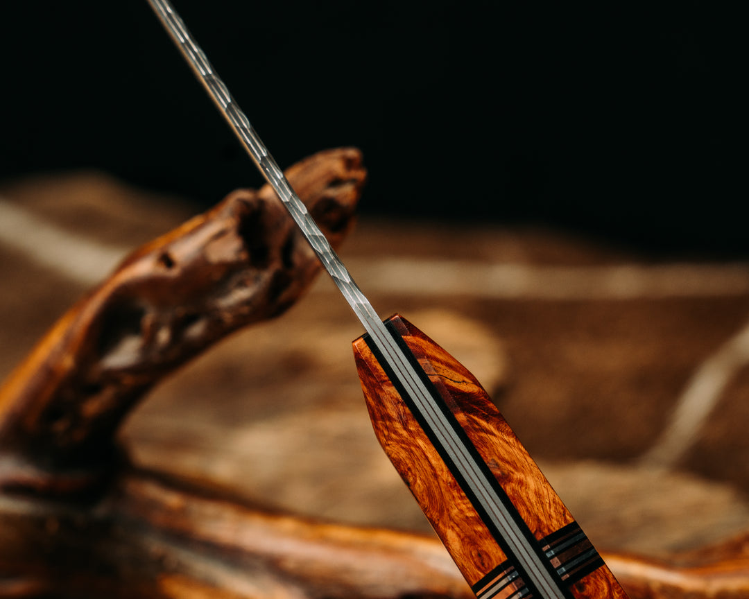 Chef Blade- Gradient GoMai Cushim(Ladder)- Amboyna Burl Burl, Black G10, Copper and Aluminum Split, Mosaic Pins, Textured Grip