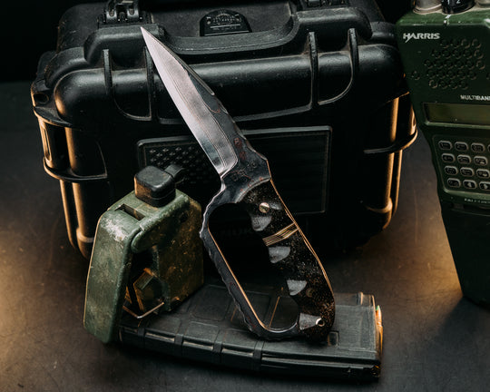 Trench Knife- Baker Forge Random Pattern CopperMai- Mammoth Bone, Coyote G10, White G10, Brass and Copper Split, Mosaic Pins, Brass Lanyard Pin, Textured Grip